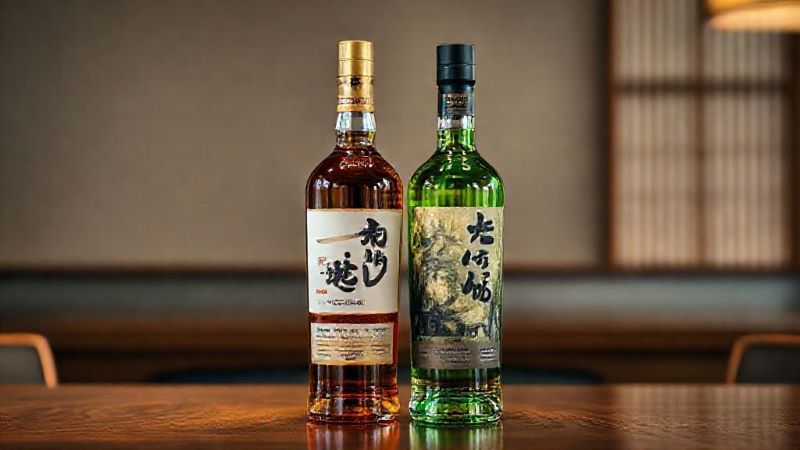 入手困難なジャパニーズウイスキーの最高峰、山崎と白州をイメージした2本のプレミアムボトルが並ぶ高級感ある様子