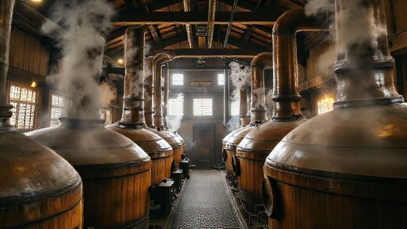 ジャパニーズウイスキーの製造工程。伝統的な木桶発酵槽が並ぶ蒸溜所内部の様子
