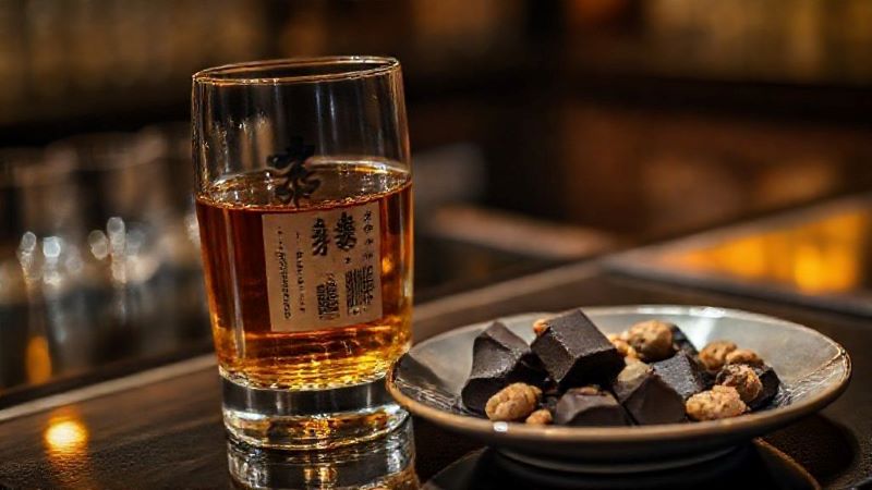 長期熟成ウイスキーのストレートと、ペアリングとしてのダークチョコレートとナッツ。大人の愉しみ方を提案するイメージ