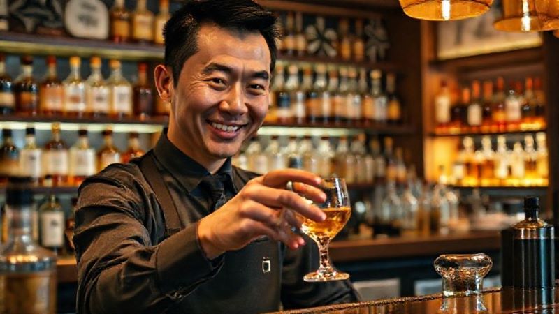 バーカウンター越しに微笑む日本人バーテンダー。読者をウイスキーの世界へ温かく送り出すイメージ