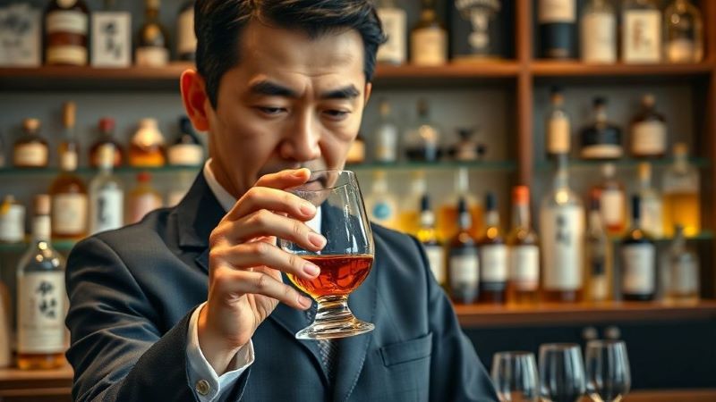 ジャパニーズウイスキーの選び方を解説する専門家と、テイスティンググラスに注がれたウイスキー