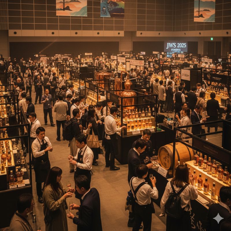 福岡国際会議場で開催されたジャパニーズウイスキーストーリーズ2025の会場風景。多くの来場者がウイスキーの試飲を楽しんでいる様子。