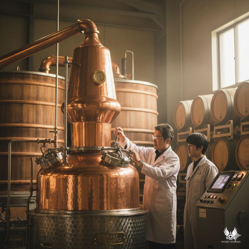 クラフトウイスキー蒸留所に設置された銅製のポットスチル（蒸留器）。三宅製作所などの技術力が支える製造現場のイメージ。