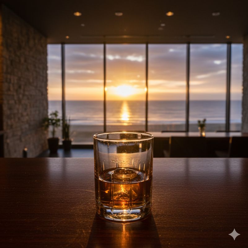 吹上浜の夕日を望むバーカウンターに置かれたウイスキーのグラス。嘉之助蒸溜所のテイスティングルーム「THE MELLOW BAR」のイメージ。