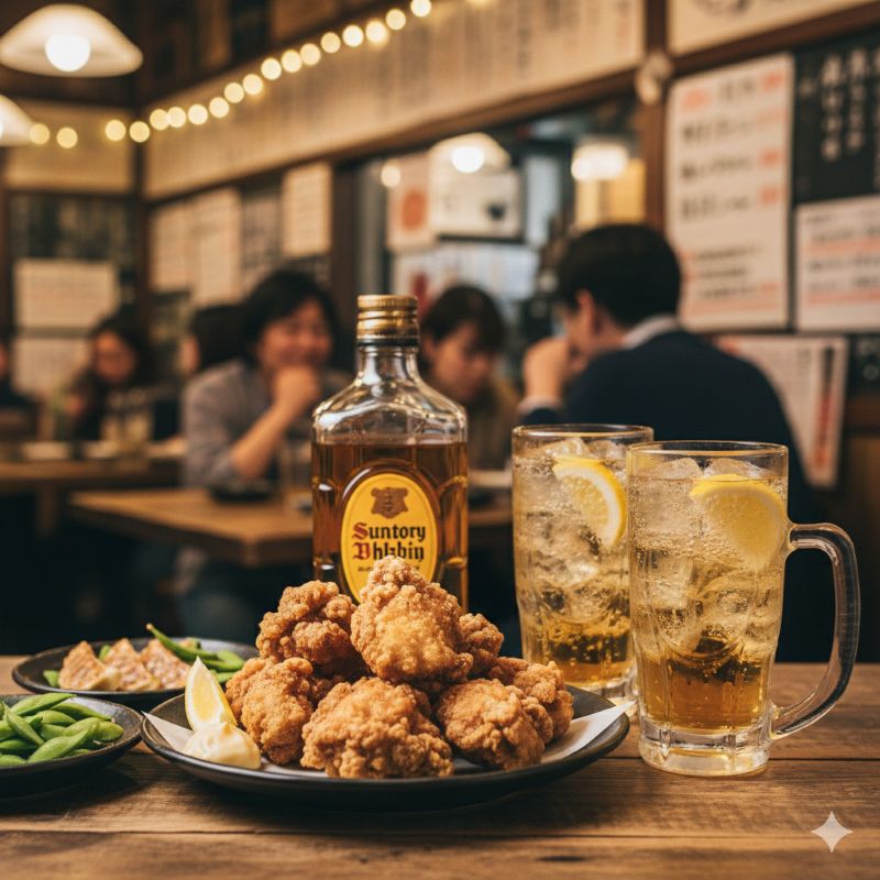 居酒屋のテーブルに並ぶハイボールと唐揚げ。日本独自の食中酒としてのウイスキー文化を表現。