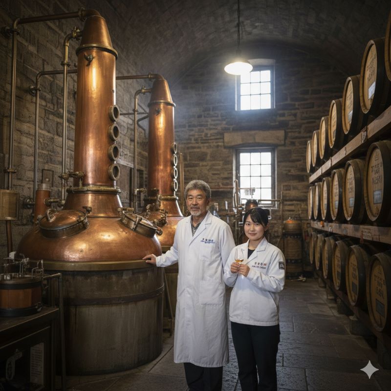 伝統的な日本のウイスキー蒸留所に並ぶ銅製のポットスチルと、製造工程を見守る日本人職人の姿。サントリーやニッカウヰスキーなどが築き上げた歴史と技術を象徴する一枚。