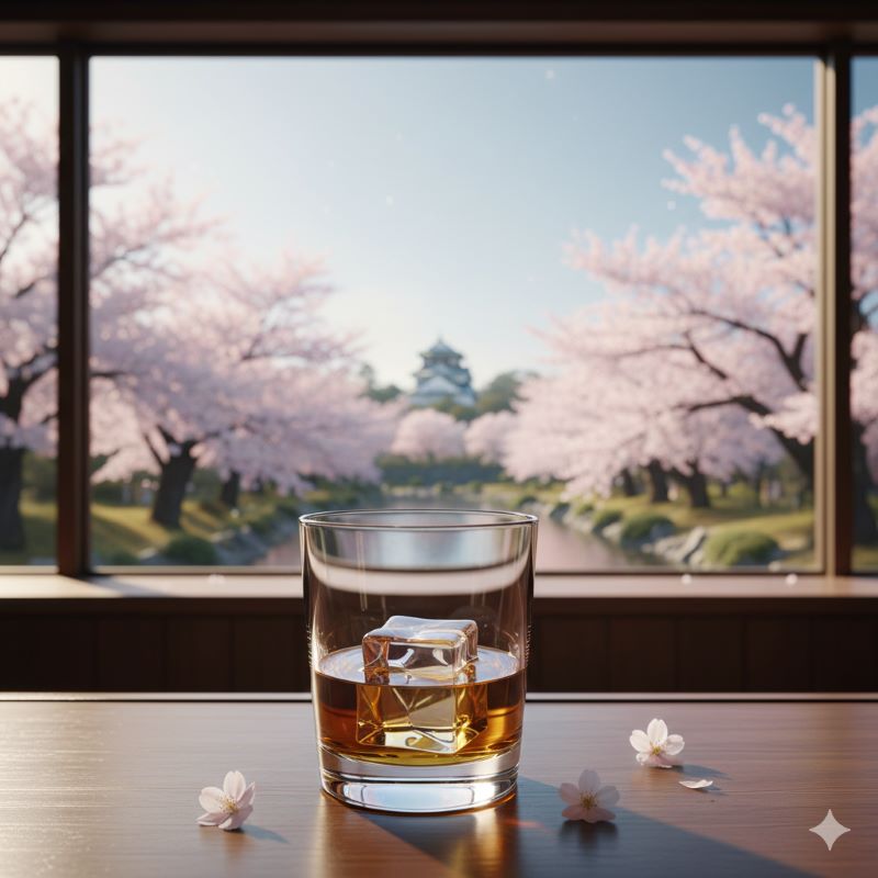 窓の外に満開の桜が見える明るいバーのカウンターに置かれたウイスキーのグラス。2026年4月の春開催が予定されている次回のイベントへの期待感を表現。
