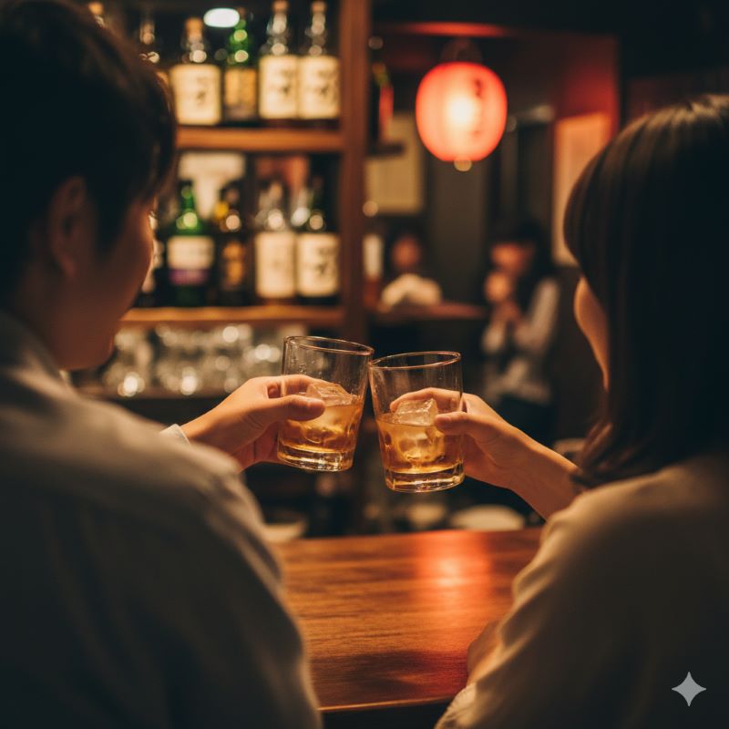 琥珀色のウイスキーが注がれたグラスを手に、大切な人と乾杯をする日本人カップルの後ろ姿。ウイスキーを通じて物語と時間を共有する温かいシーン。