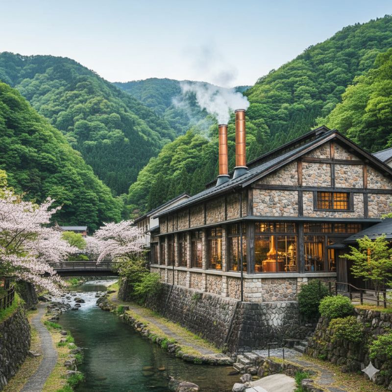埼玉県秩父市の豊かな自然に囲まれた秩父蒸留所の外観イメージ。伝統的なウイスキーづくりの情熱を感じさせる、緑豊かな風景の中に佇む蒸留所。