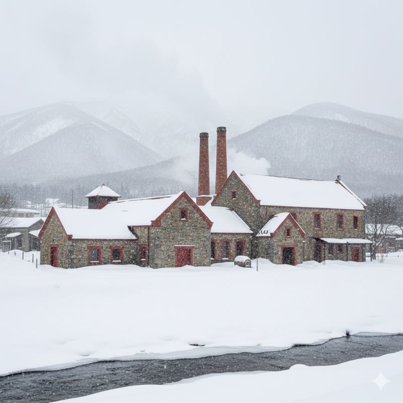北海道余市蒸留所の象徴的な赤い屋根の石造りの建物と、冬の雪景色。創業者・竹鶴政孝が夢見たスコットランドの風景を彷彿とさせる、厳かで美しい情景。