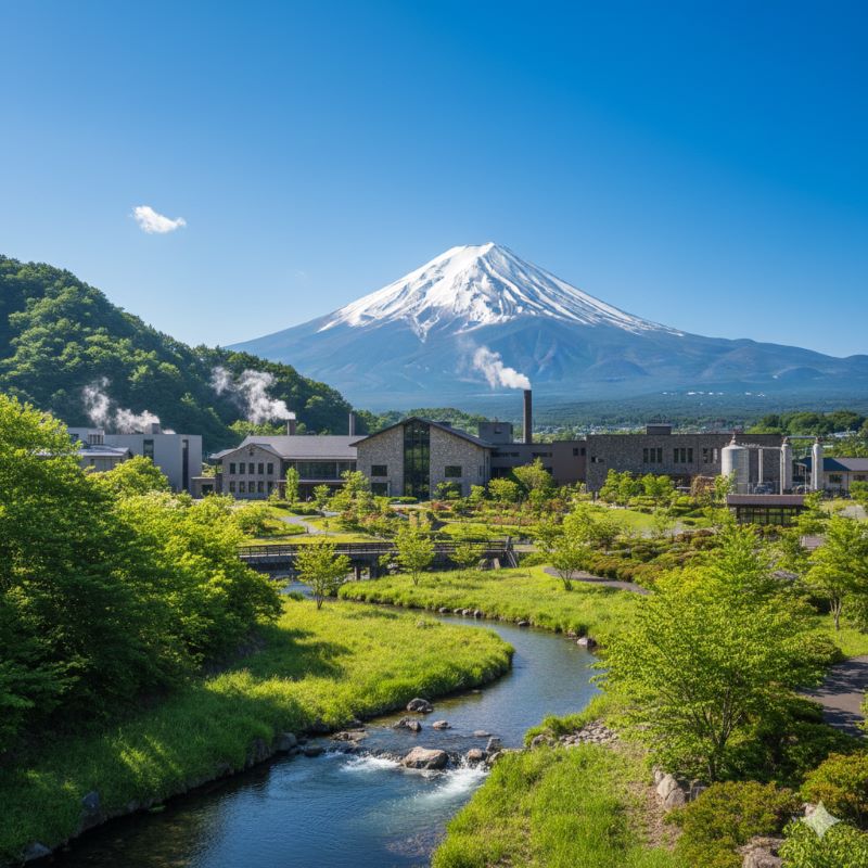雄大な富士山を背景に広がる富士御殿場蒸溜所の風景。清らかな水と澄んだ空気が、ウイスキーづくりに適した環境であることを表現した爽やかな一枚。