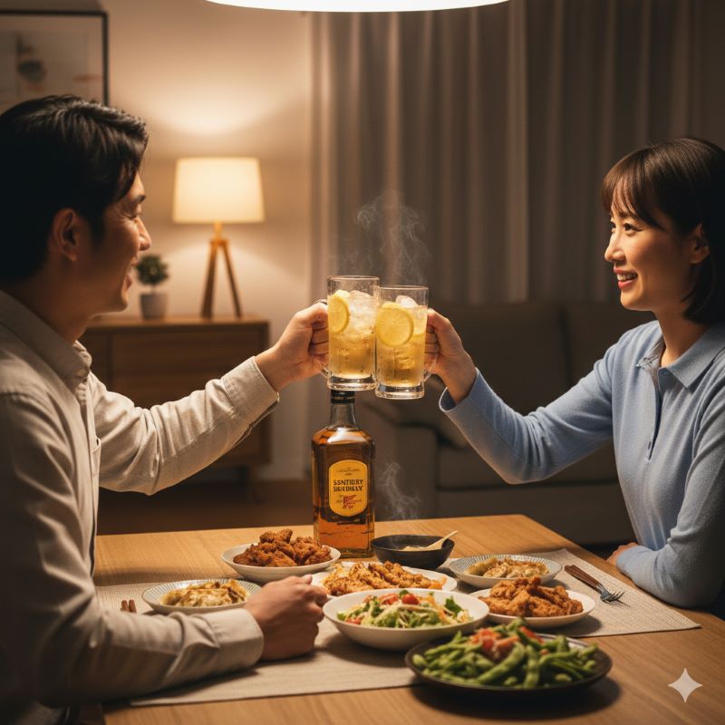 日本の家庭の食卓で、夕食と一緒にハイボールを楽しむ日本人夫婦の様子。日常に溶け込んだウイスキーの親しみやすさと、リラックスした雰囲気を表現。
