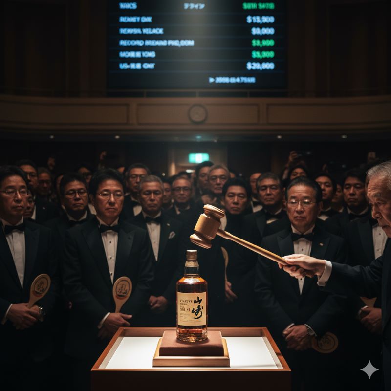 オークション会場でハンマーが振り下ろされる瞬間。スポットライトを浴びる希少なジャパニーズウイスキーのボトルと、熱気あふれる会場の緊張感を表現。
