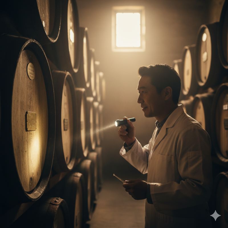 熟成庫の中で樽を確認する日本人ブレンダーの真剣な横顔。時間をかけて熟成されるウイスキーへの期待と、作り手の情熱を感じさせる一枚。