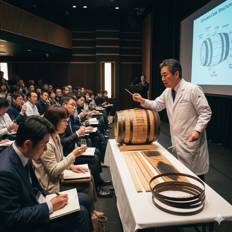 イベント会場内のセミナー室で、洋樽の構造について解説する専門家と、熱心に聴講する日本人の参加者たち。ウイスキーづくりの裏側にある技術への関心の高さを表現。