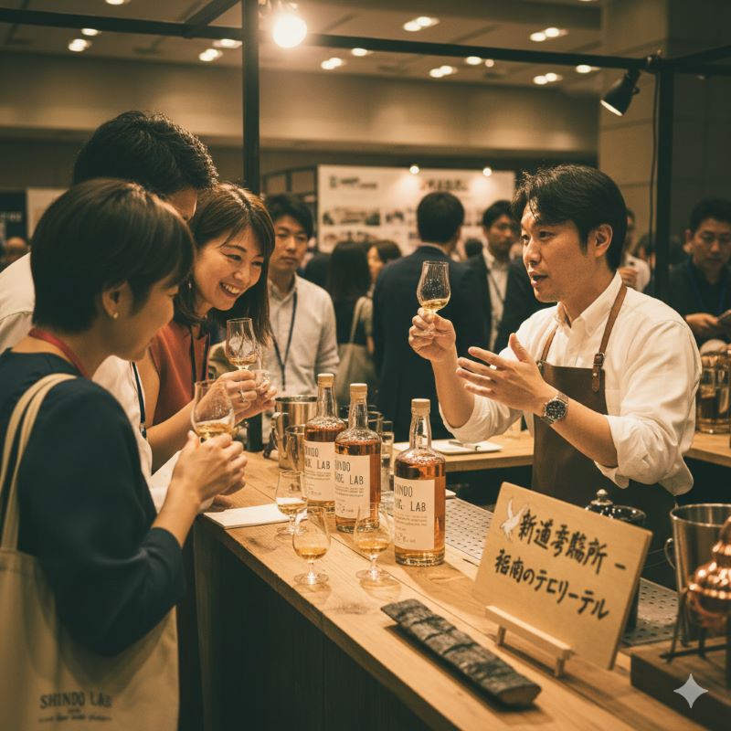 地元のクラフト蒸留所のブースで、製造担当者が来場者に直接ウイスキーへの想いを語りかけているシーン。福岡のイベントならではのアットホームで熱気ある交流の様子。