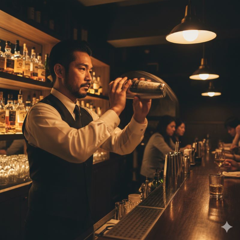 福岡のオーセンティックバーのカウンターで、熟練の日本人バーテンダーがシェイカーを振る姿。イベントの運営母体であるバーテンダーたちのプロフェッショナルな技術と美意識を表現。
