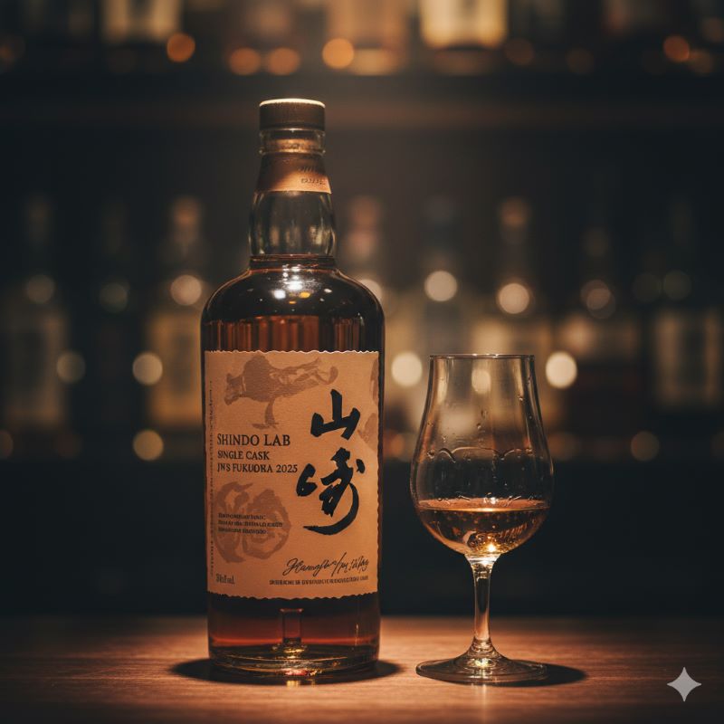 イベント限定で販売される希少なシングルカスクウイスキーのボトルと、その横に置かれたグラス。特別なラベルが貼られたボトルがスポットライトを浴びている高級感あるイメージ。