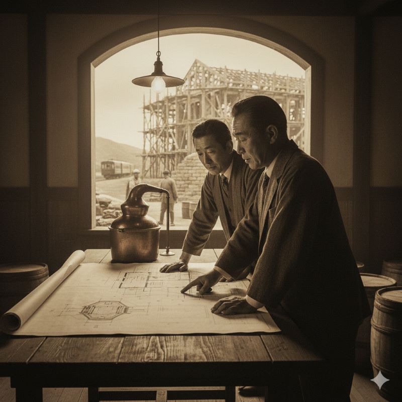 セピア色のトーンで描かれた、1920年代の日本のウイスキー蒸留所建設当時のイメージ。二人の日本人男性が夢と情熱を持って図面を広げている、物語の始まりを象徴するシーン。
