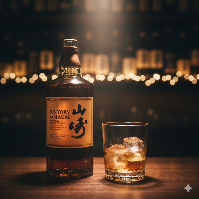 薄暗いバーカウンターに置かれた「サントリー山崎」のボトルと、ロックグラスに入ったウイスキー。琥珀色の液体が照明に照らされ、高級感と歴史の重みを感じさせる一枚。