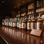 木製のカウンターにずらりと並んだ多種多様なジャパニーズウイスキーのボトル。2025年の最新銘柄一覧と人気ランキングを象徴する、高級感あふれる日本のバーの風景。