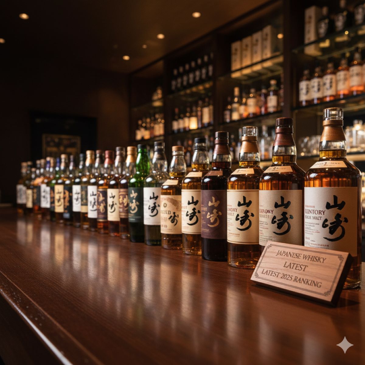 木製のカウンターにずらりと並んだ多種多様なジャパニーズウイスキーのボトル。2025年の最新銘柄一覧と人気ランキングを象徴する、高級感あふれる日本のバーの風景。