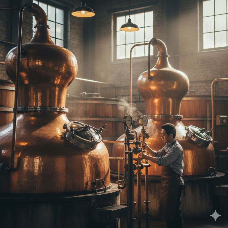 日本のウイスキー蒸溜所内部にある輝く銅製のポットスチル（蒸留器）。国内での製造工程と職人技を象徴するシーン。