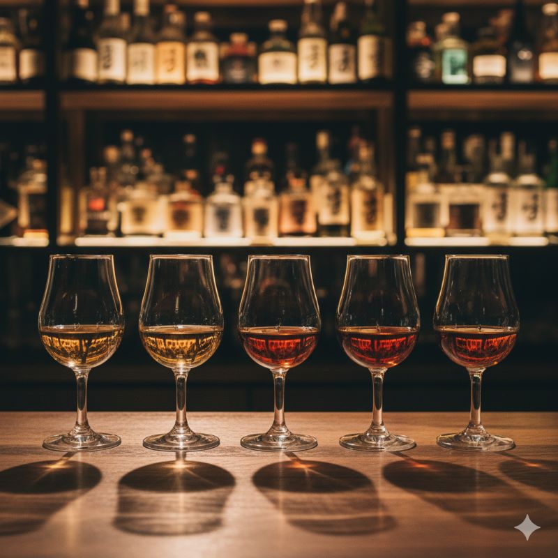 落ち着いた雰囲気の日本のオーセンティックバーのカウンターに並べられた、色合いの異なる数種類のウイスキーテイスティンググラス。