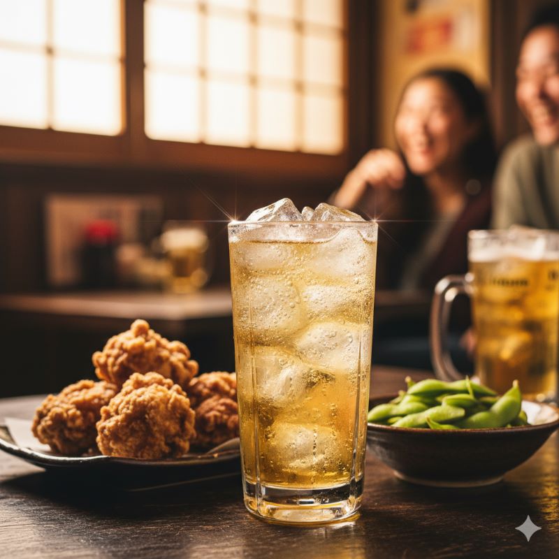 居酒屋の木製テーブルの上に置かれた、炭酸が弾ける冷えたハイボールと、枝豆や唐揚げなどの日本のおつまみ。日常的な楽しみ方を表現。