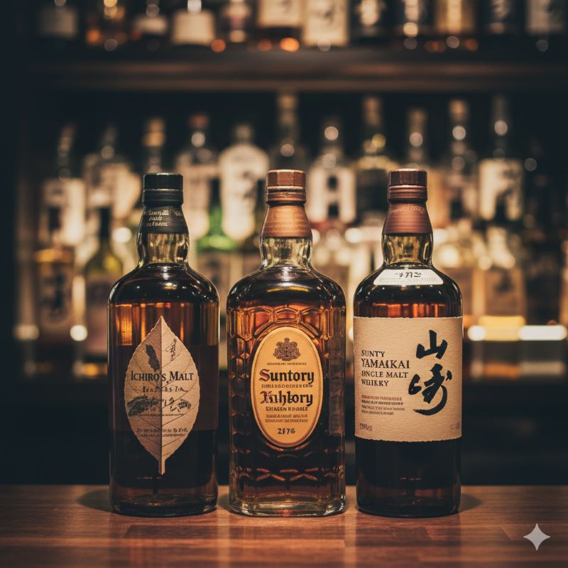 木製のカウンターに並ぶ3種類の象徴的なジャパニーズウイスキーボトル。亀甲模様の角瓶、和紙ラベルのシングルモルト、リーフ型ラベルのクラフトウイスキーが、売上や人気の高さを表現している。