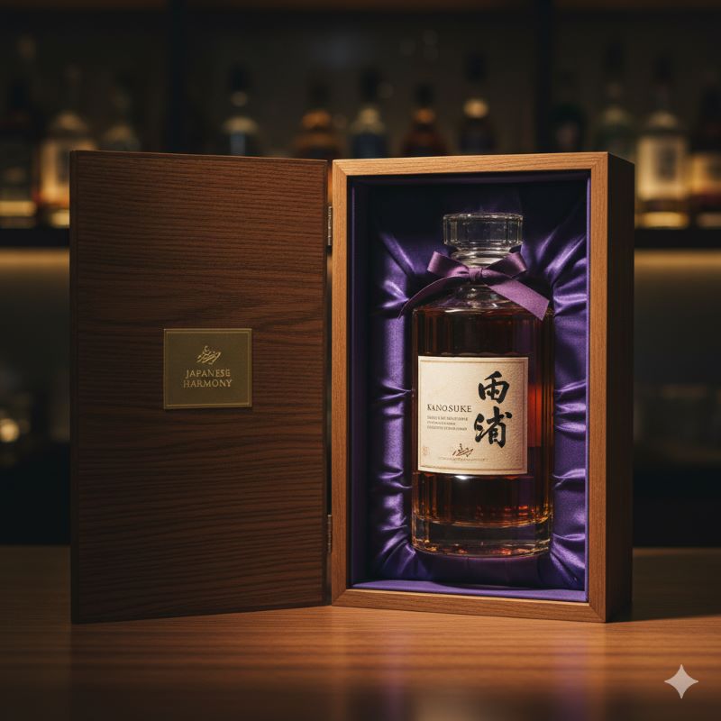 高級感のある木箱に収められた、多面カットが美しいデキャンタボトル。贈答用に適した洗練された佇まいで、響や嘉之助のようなプレミアムなジャパニーズウイスキーを表現している。