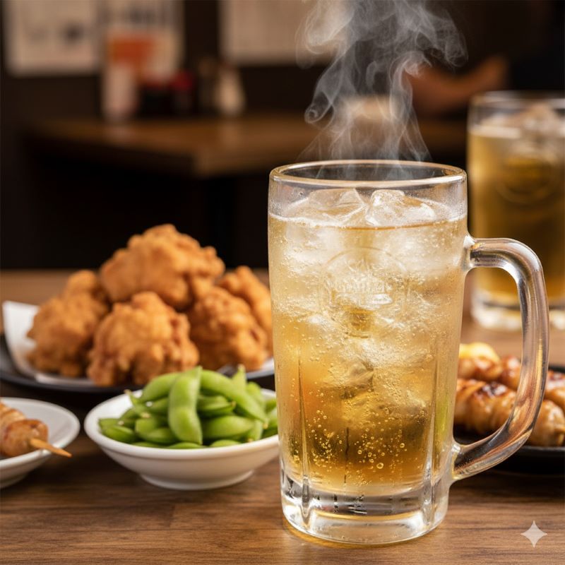 日本の居酒屋で、ジョッキに注がれた強炭酸のハイボールと、唐揚げや枝豆などのおつまみ。氷が涼しげに浮かび、食中酒としてのハイボールの魅力をシズル感たっぷりに表現している。