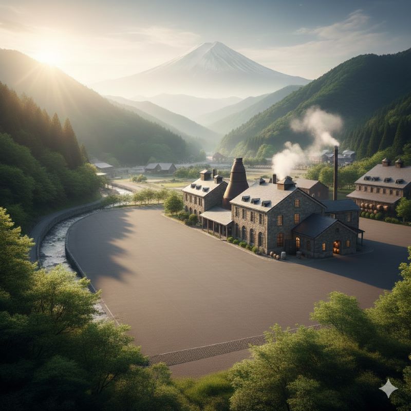 朝日に照らされた日本のウイスキー蒸留所の風景。自然の中に佇む蒸留棟と整然と並ぶ樽が、ジャパニーズウイスキーの伝統とこれからの発展、明るい未来を象徴している。