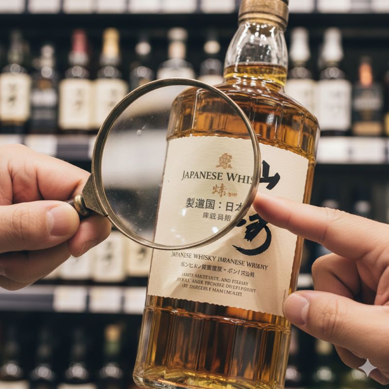ウイスキーボトルの裏ラベルを虫眼鏡で確認している様子。「Japanese Whisky」の表記や製造地が日本であることを確認し、真正な製品を見極める消費者の視点を表現。