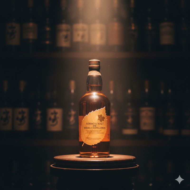 スポットライトを浴びる、葉っぱの形をしたラベルが特徴的なウイスキーボトル。2025年の終売が報じられたイチローズモルトDDのような、希少価値が高まるボトルの神々しさを表現。