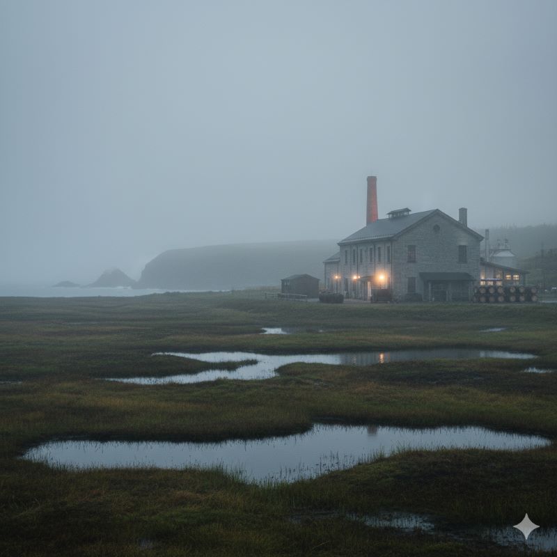 北海道の厚岸蒸溜所をイメージした、海霧に包まれた湿原の中に佇むウイスキー蒸留所。冷涼で湿潤な気候風土（テロワール）が、独特の風味を育む様子を描写。