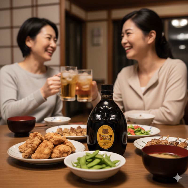日本の食卓に置かれた、独特の丸い形状をした黒いウイスキーボトル（ダルマ型）。和食と共に楽しむ晩酌の風景で、親しみやすさと食事との相性の良さを表現。