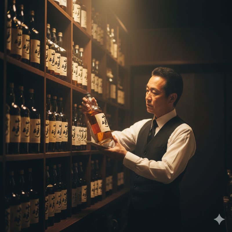 重厚な木製の棚に並ぶウイスキーボトルの中から、日本のソムリエが真剣な眼差しで一本を選び出している様子。定義に基づいた真正なジャパニーズウイスキー選びの重要性と信頼性を表現している。