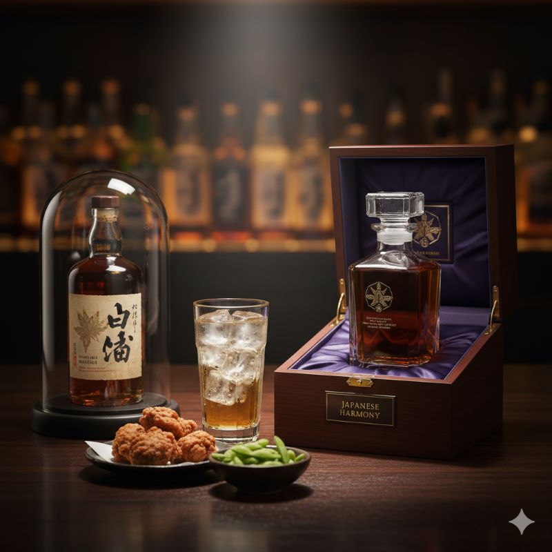 テーブルの上に、日常を楽しむハイボール、贈り物用の高級な木箱、そして投資価値のある希少なヴィンテージボトルが並べられている様子。目的や用途に合わせて最適なウイスキーを選ぶシーンを視覚化している。