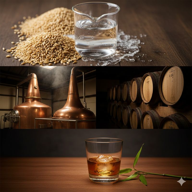 ジャパニーズウイスキーの定義を構成する重要な要素:大麦麦芽、日本の天然水、銅製ポットスチル、木樽のイメージ