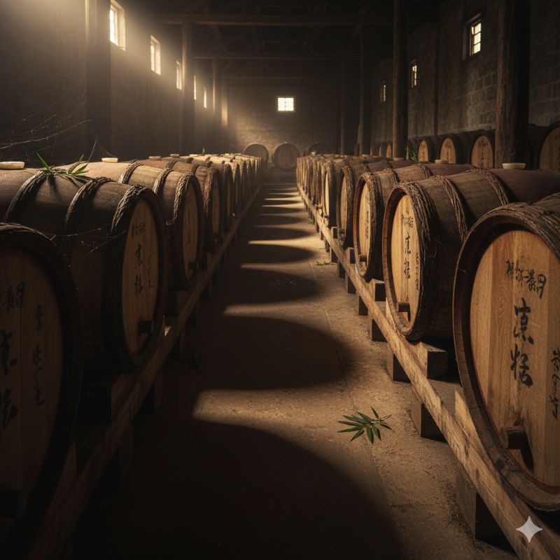 日本国内の貯蔵庫で静かに熟成の時を待つミズナラ樽(ジャパニーズオーク)の列