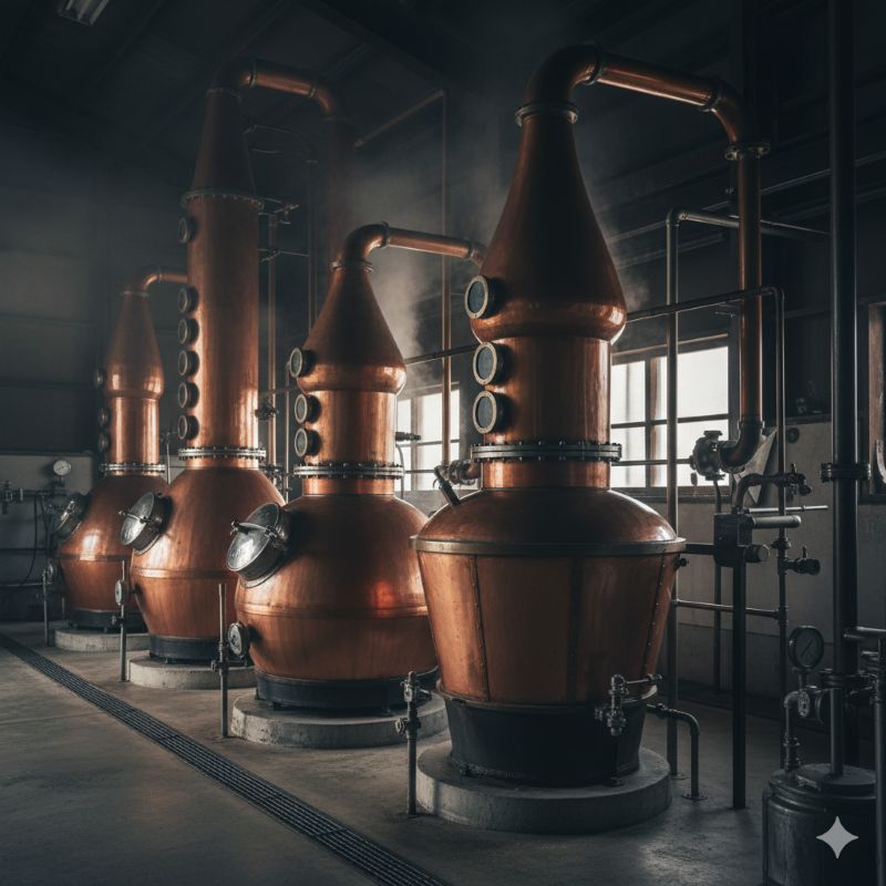 日本独自の「作り分け」技術を象徴する、形状の異なる複数の銅製ポットスチル(蒸留釜)