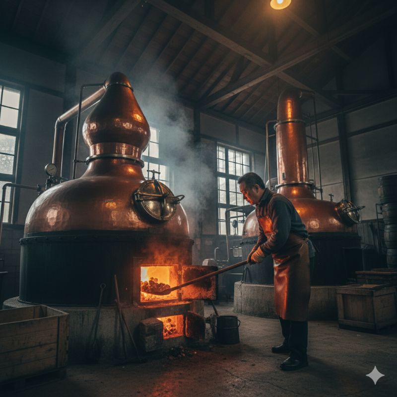 余市蒸溜所などで採用されている伝統的な「石炭直火蒸溜」の様子。職人が炉に石炭をくべる情景