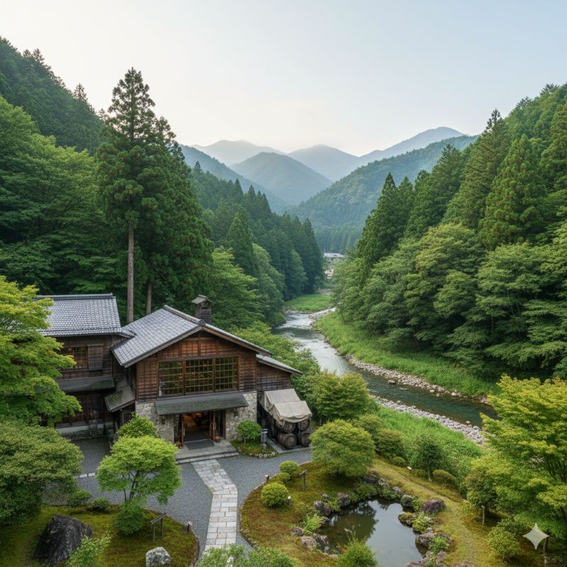 日本の豊かな自然環境の中に佇むクラフトウイスキー蒸留所の外観イメージ