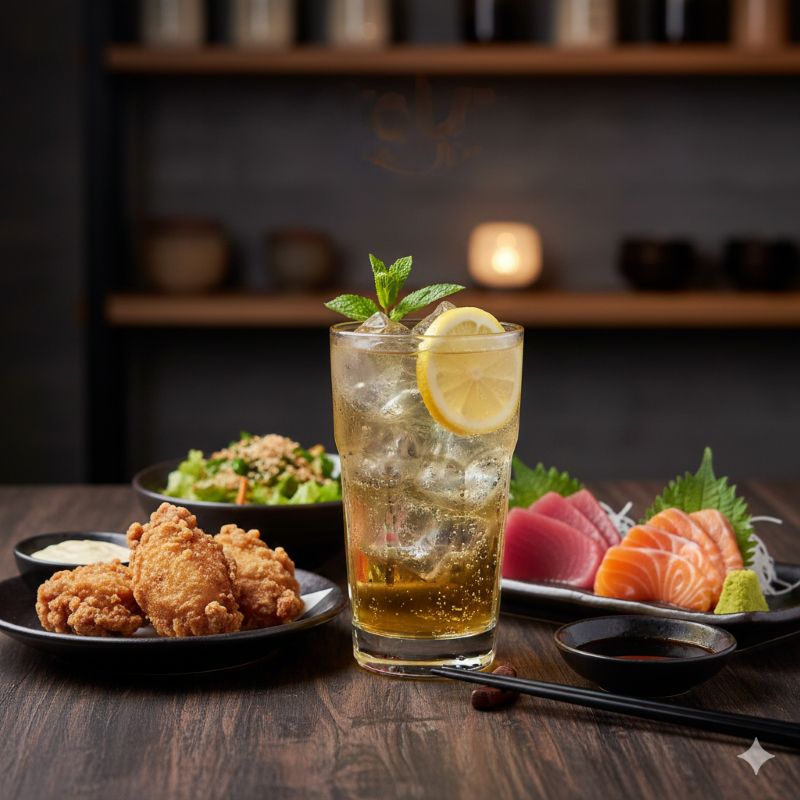 氷がたっぷり入った爽快なウイスキーハイボールと、おつまみのペアリングイメージ