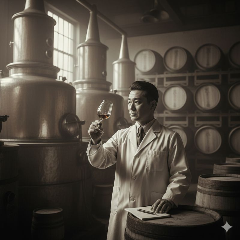1920年代の日本の蒸溜所でウイスキーの品質を確認する職人のイメージ