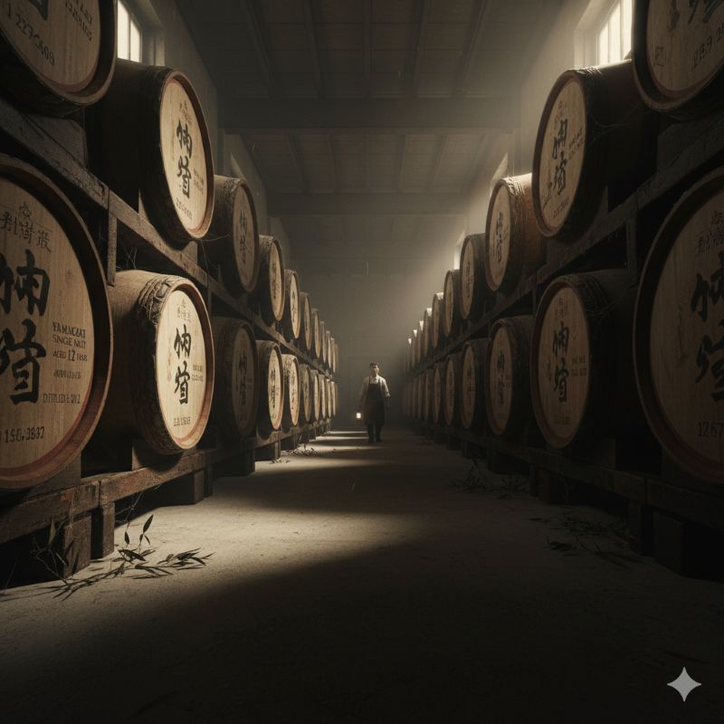 原酒不足の背景にある、長い熟成期間を要する貯蔵庫内の木樽の様子