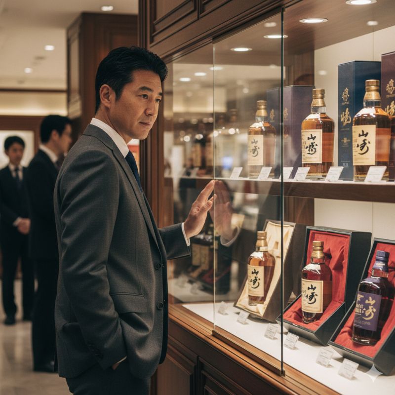 百貨店のショーケースに陳列された希少なウイスキーを眺める様子