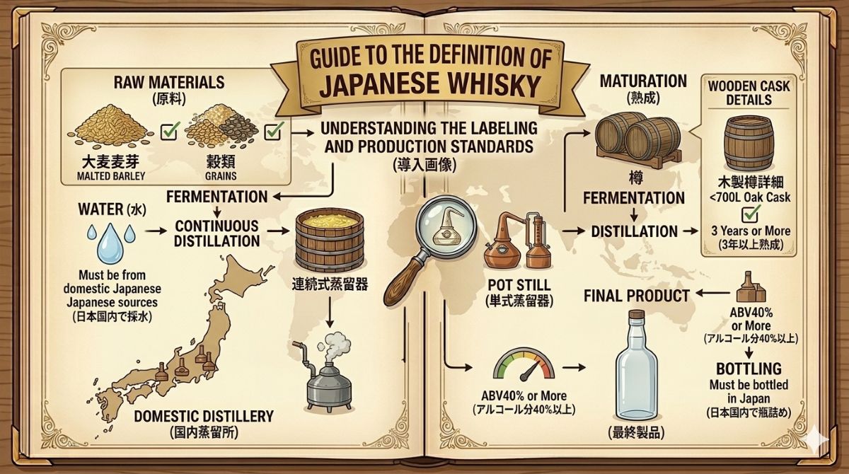 ジャパニーズウイスキーの表示基準を示す日本地図、麦芽、日本の水、木樽、国内瓶詰めの資料風イメージ