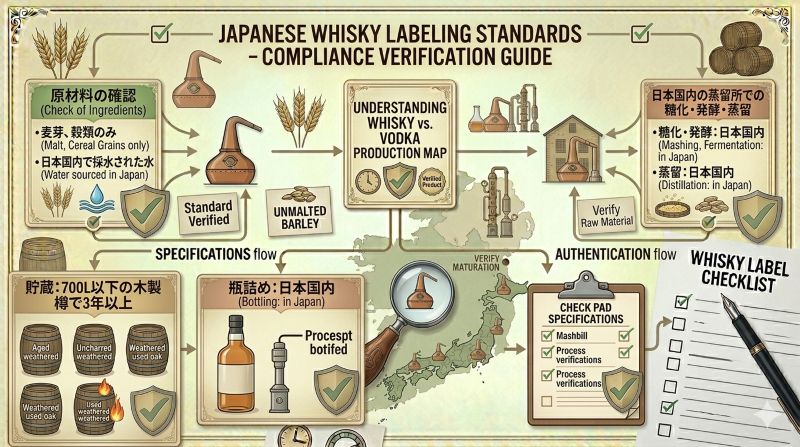 ジャパニーズウイスキーの原材料、国内製造、国内熟成、国内瓶詰め、ABV40%以上を整理したチェックリスト風イメージ